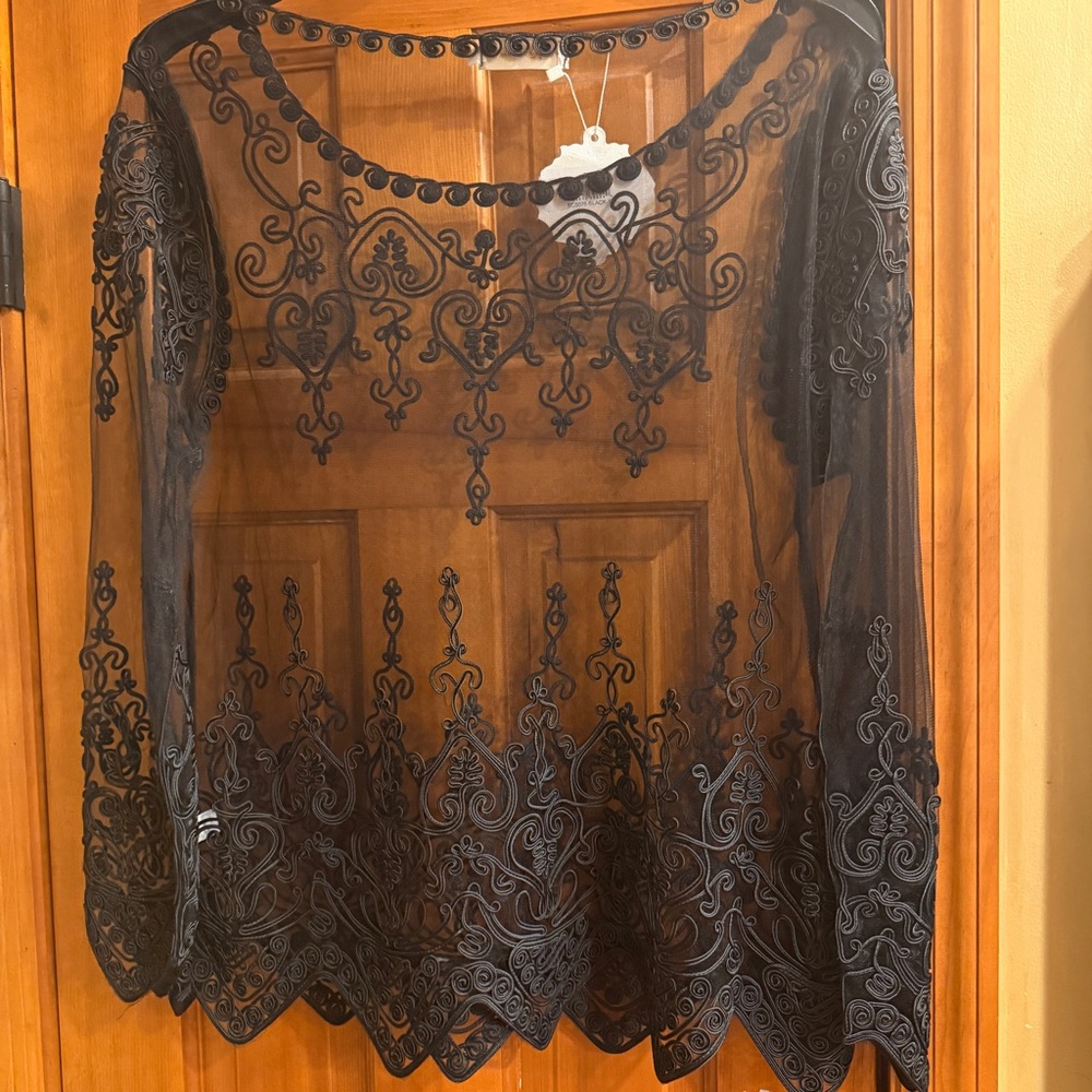 Sheer Embroidered Black Long-Sleeve Top - Picture 13 of 16
